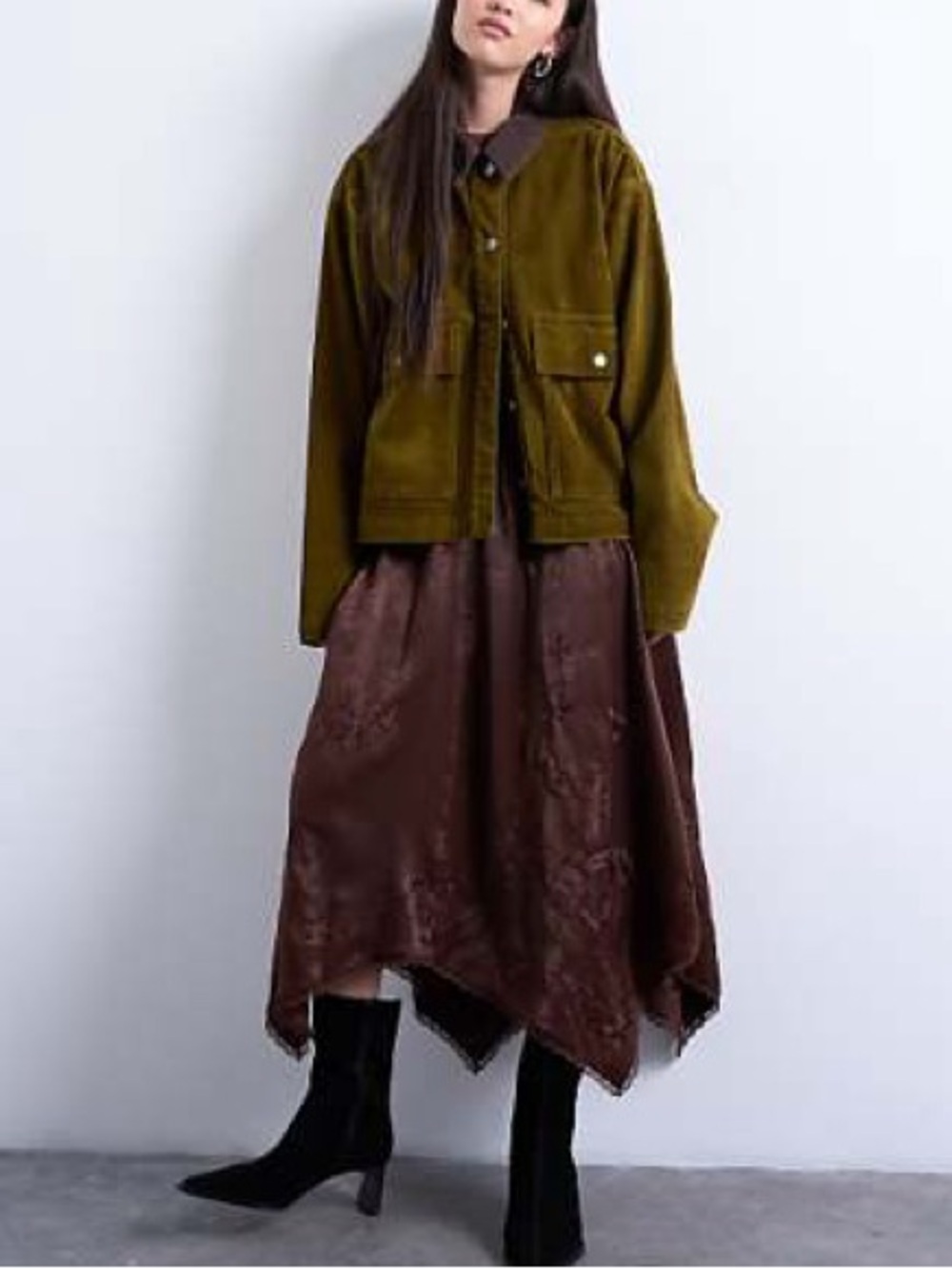 NWT Topshop Brown Satin Lace Embroidered Handkerchief Hem Midi Skirt